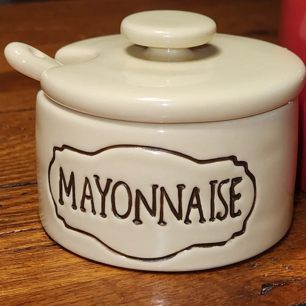 Pottery Barn BBQ Ceramic Condiment Jar Set – Ketchup, Mayonnaise & Relish